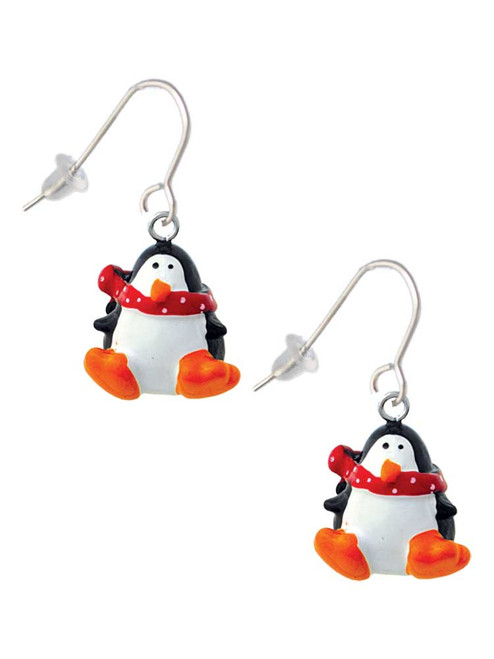 Resin Penguin with Red Scarf French Earrings