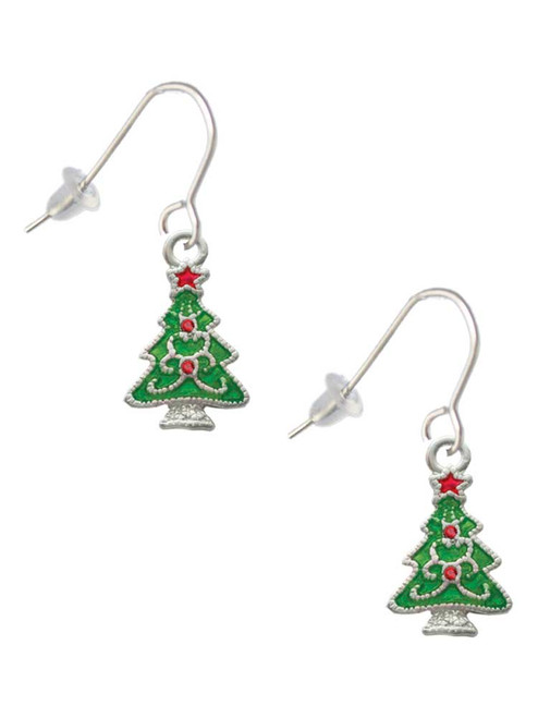 Green Christmas Tree with Red Crystals French Earrings