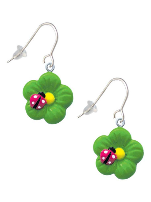 Resin Lime Green Daisy Flower with Hot Pink Ladybug French Earrings