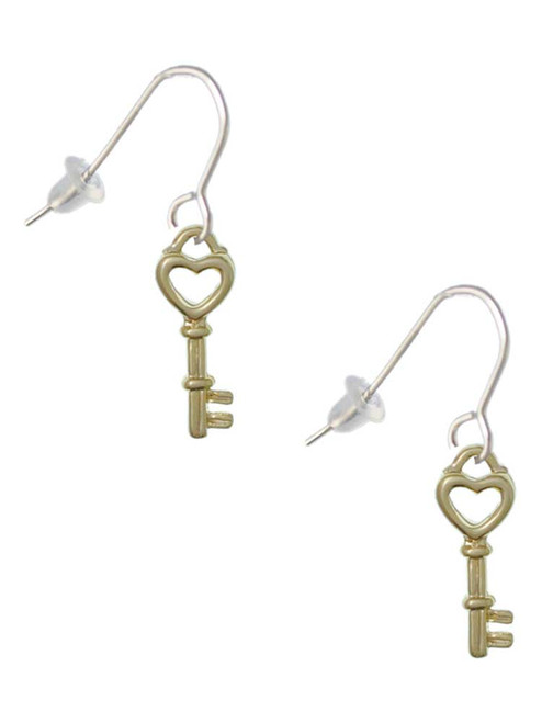Open Gold Tone Heart Key French Earrings