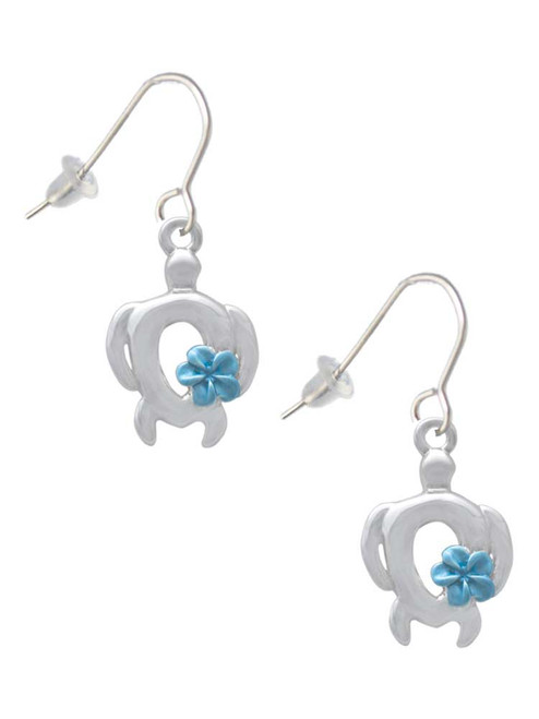 Open Sea Turtle with Blue Plumeria French Earrings