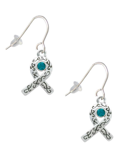 Scroll Ribbon with Teal Crystal French Earrings