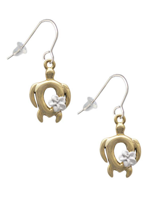 Open Gold Tone Sea Turtle with White Plumeria French Earrings
