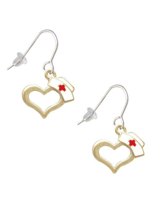 Gold Tone Open Heart with Nurse Hat French Earrings