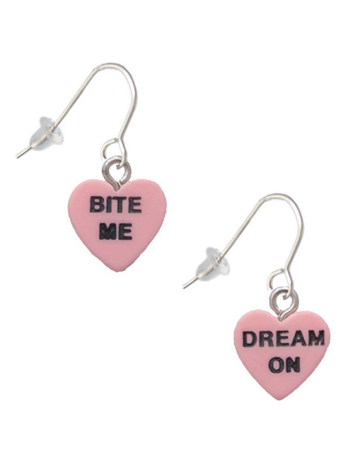 Acrylic Pink "Dream On / Bite Me" Heart French Earrings