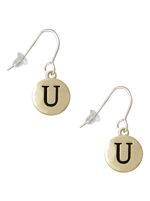 Capital Gold Tone Letter - U - Pebble Disc - French Earrings