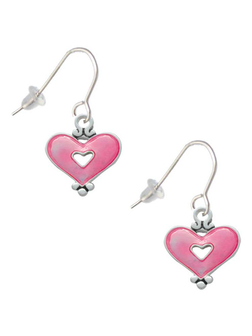 Hot Pink Enamel Heart with Cutout French Earrings