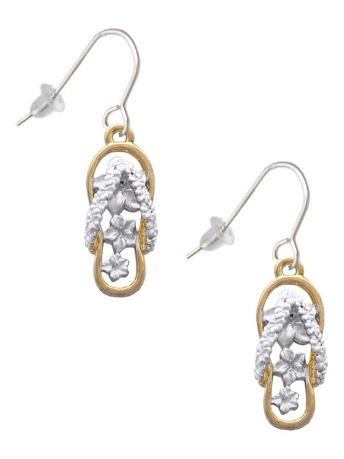 White Open Gold Tone Plumeria Flip Flop French Earrings