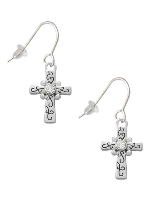 Scroll Cross with Clear Crystal French Earrings