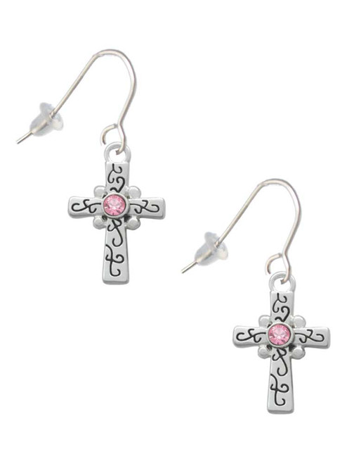 Scroll Cross with Pink Crystal French Earrings