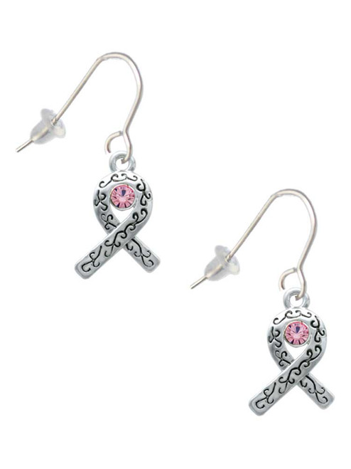 Scroll Ribbon with Pink Crystal French Earrings