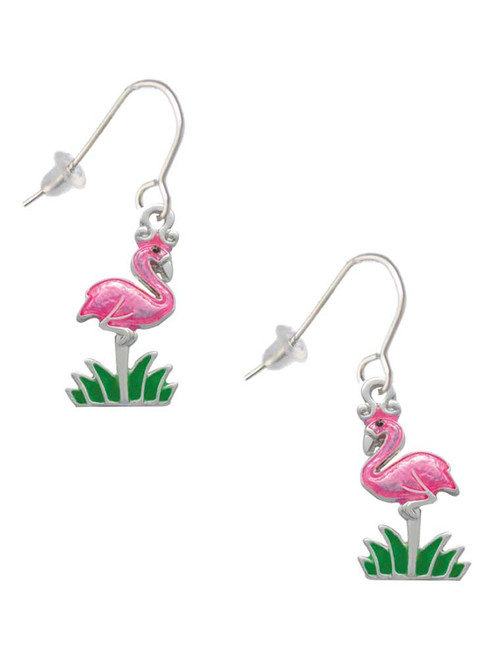 Hot Pink Enamel Flamingo with Grass French Earrings