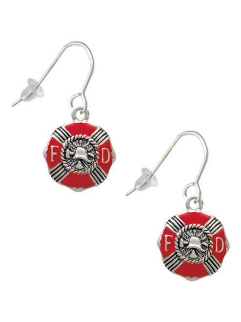 Red Enamel Fire Department Medallion French Earrings