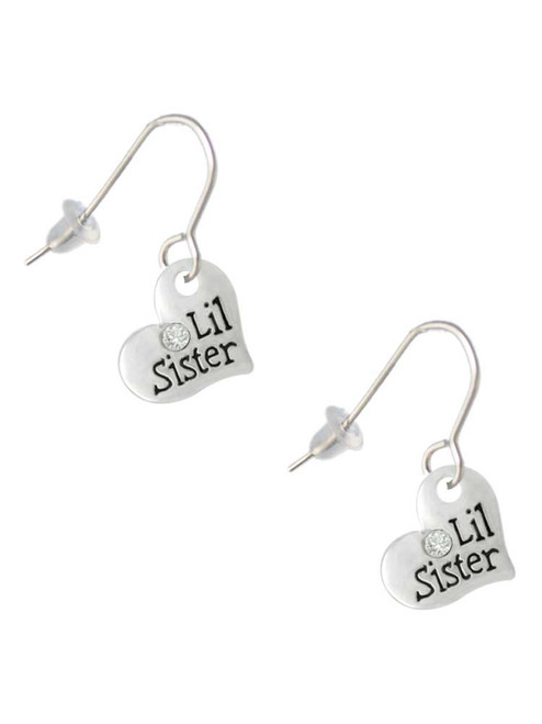Small ''Lil Sister'' Heart with Clear Crystal French Earrings