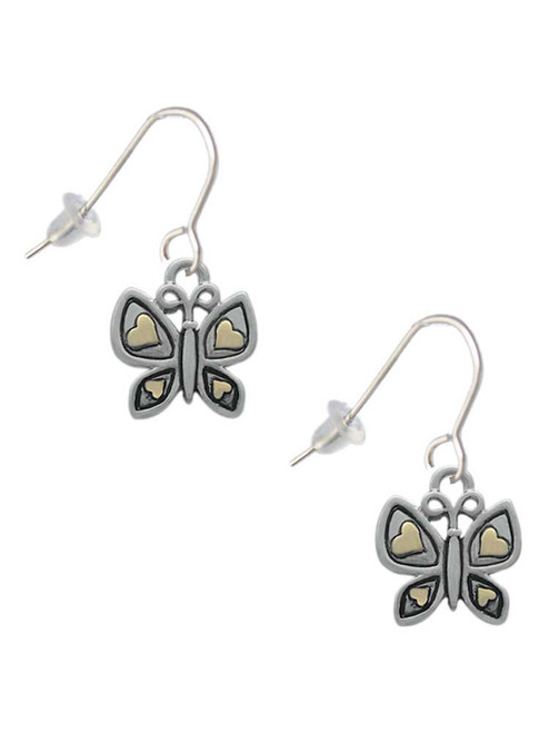 Butterfly with Gold Tone Hearts French Earrings