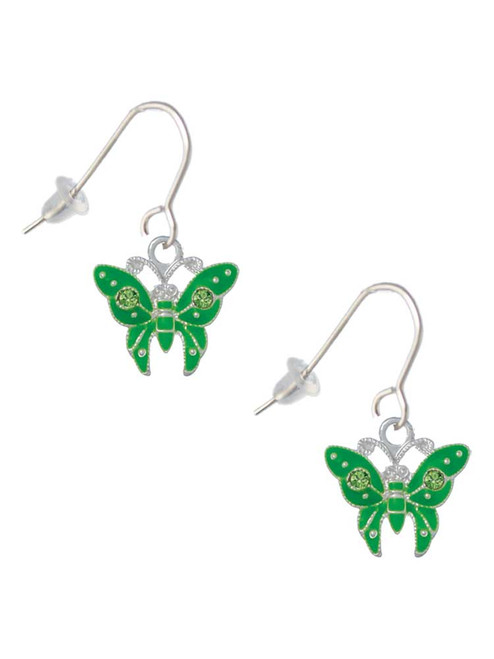 Lime Green Butterfly with 2 Lime Green Crystals French Earrings