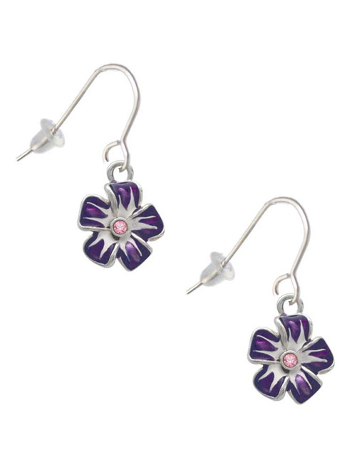 Purple and White African Violet Flower with Pink Crystal French Earrings