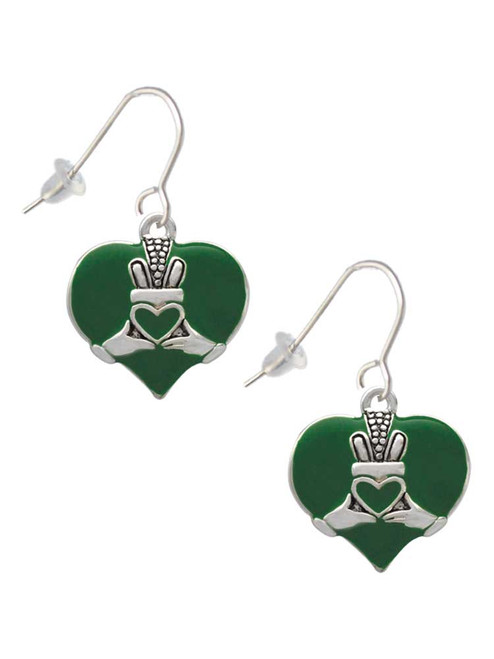 Large 2-D Claddagh on Green Heart French Earrings
