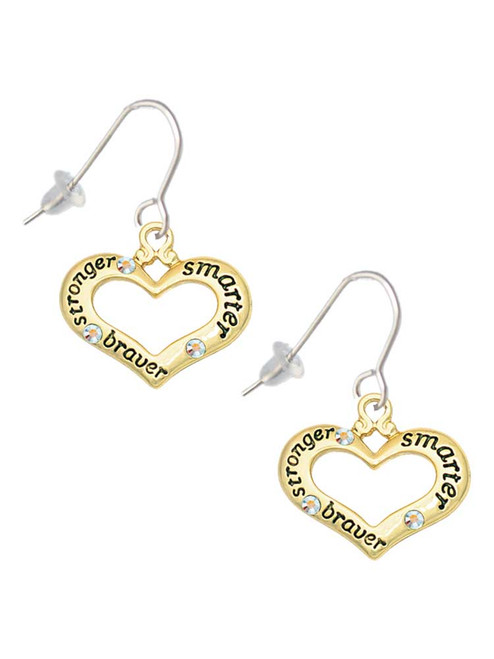 Gold Tone Heart with 3 AB Crystals - Stronger Braver Smarter French Earrings