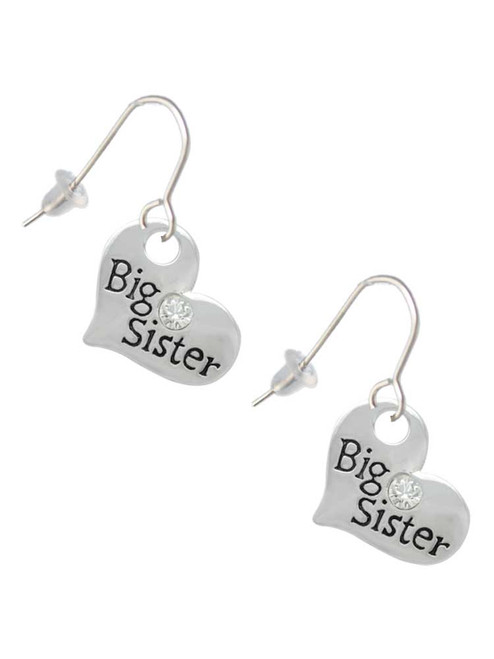 Large ''Big Sister'' Heart with Clear Crystal French Earrings