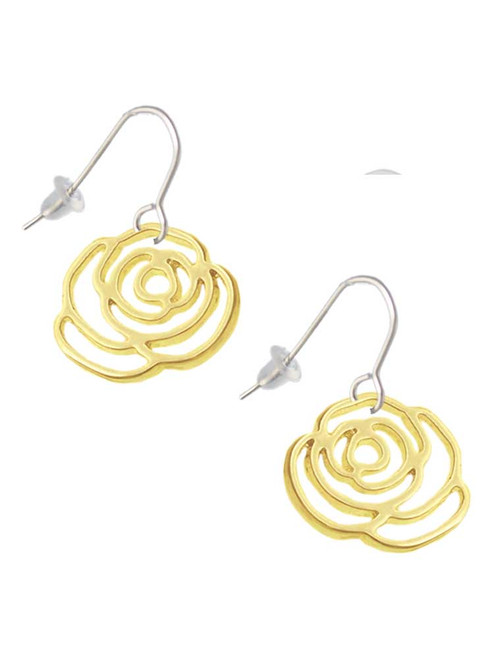 Large Gold Tone Rose Outline French Earrings