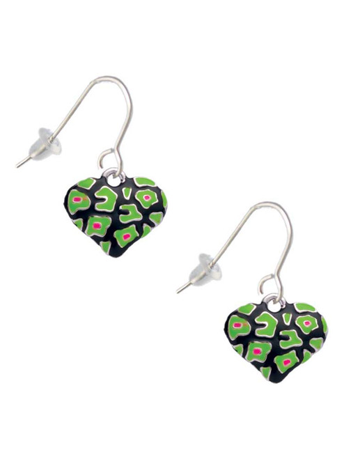 Lime Green Cheetah Print Heart French Earrings