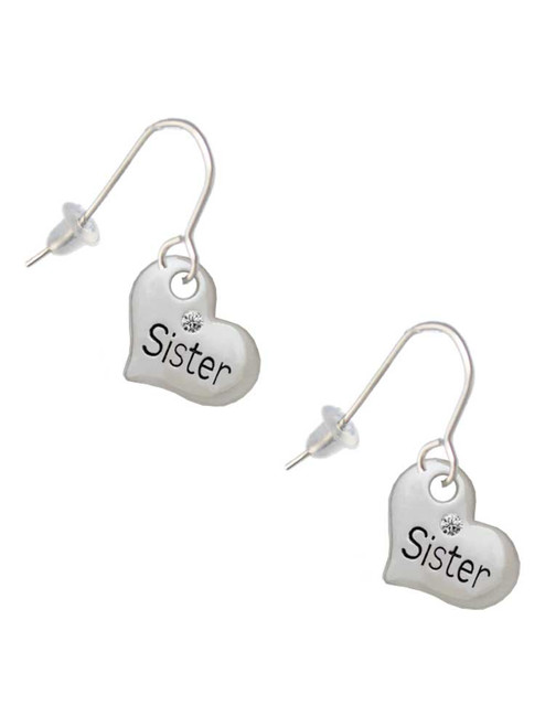 Small ''Sister'' Heart with Clear Crystal French Earrings