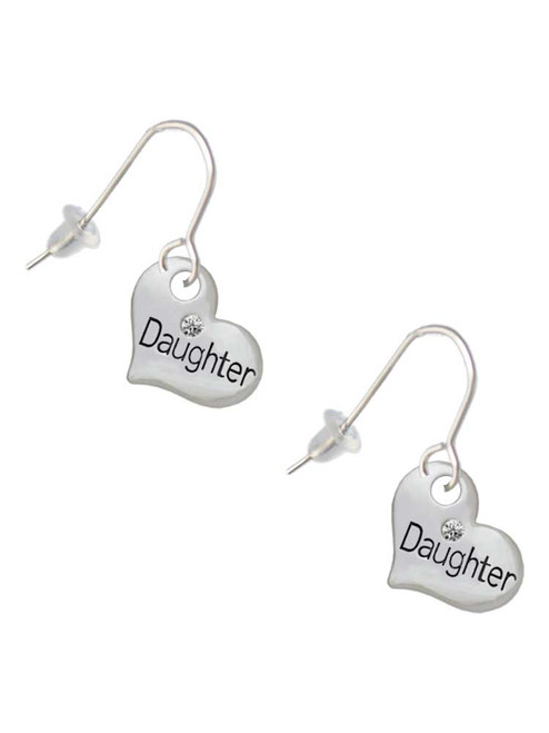 Small ''Daughter'' Heart with Clear Crystal French Earrings