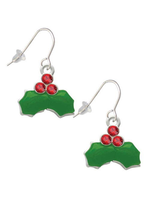 Christmas Holly & Red Crystal Berries French Earrings