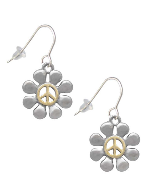 Large Daisy with Gold Tone Peace Sign French Earrings