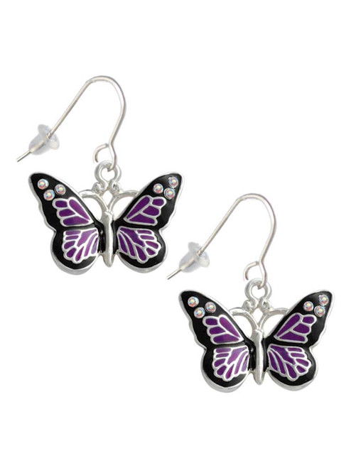 Large Purple Butterfly with 6 AB Crystals French Earrings