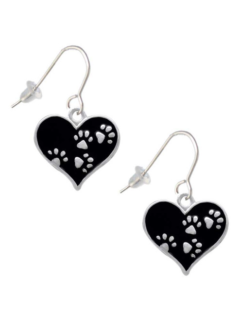 Black Enamel Heart with Paw Prints French Earrings