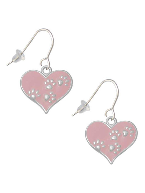 Pink Enamel Heart with Paw Prints French Earrings