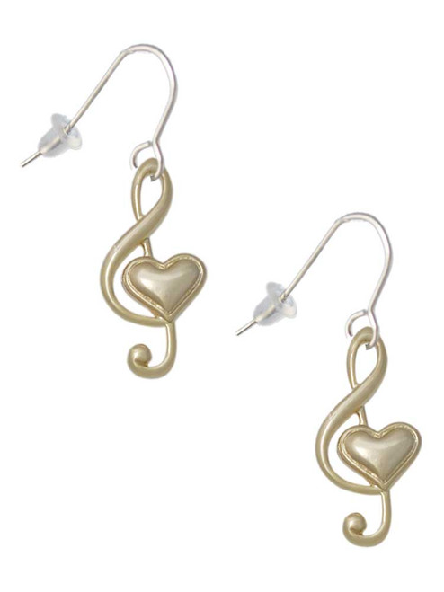 Large Gold Tone Clef with Heart French Earrings