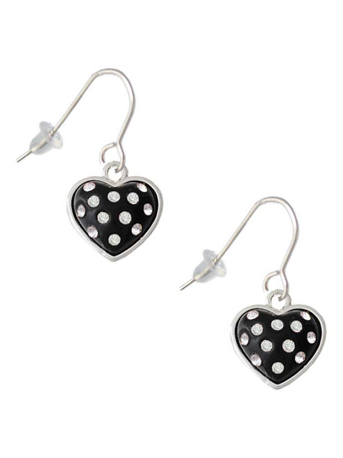 Black Resin Heart with Clear Crystals in Frame French Earrings