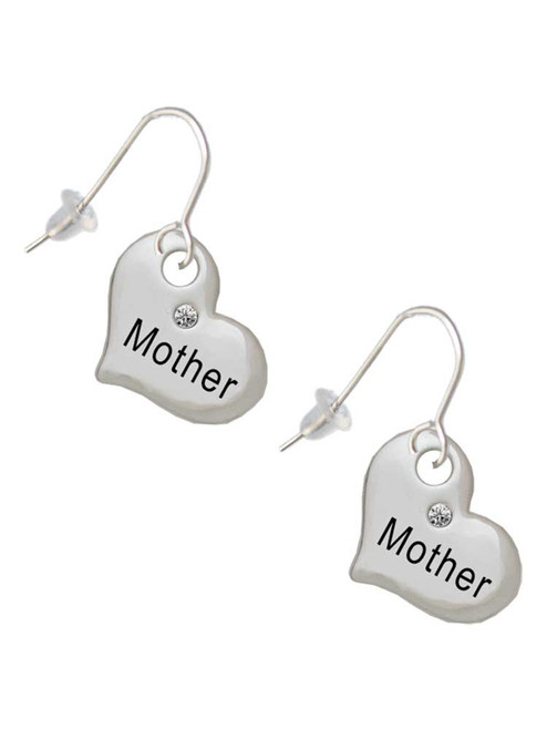Large ''Mother'' Heart with Clear Crystal French Earrings