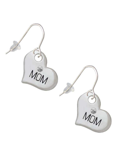 Large ''Mom'' Heart with Clear Crystal French Earrings