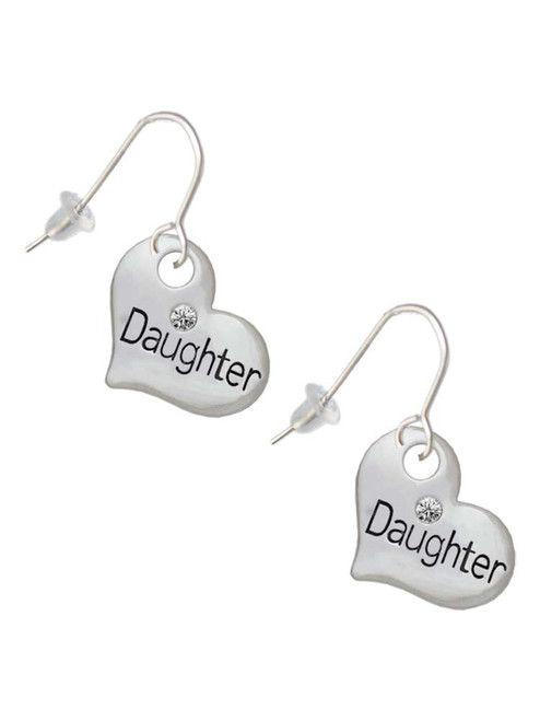 Large ''Daughter'' Heart with Clear Crystal French Earrings