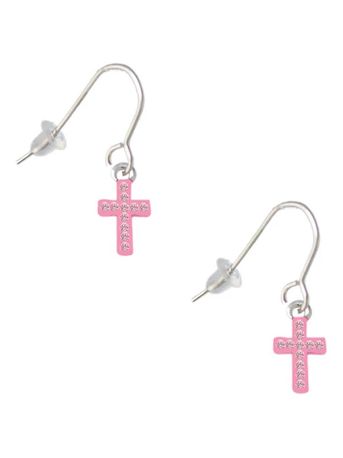Small Pink Crystal Cross French Earrings