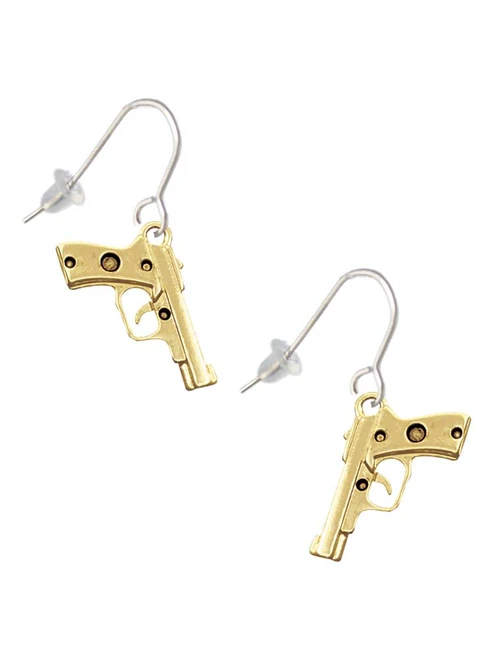 Gold Tone 9mm Handgun French Earrings