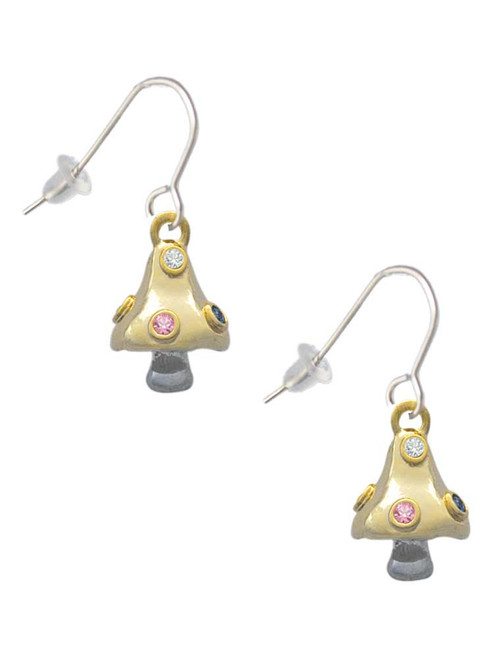 3-D Gold Tone Mushroom with Crystals French Earrings