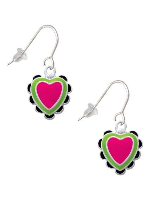 Hot Pink & Lime Green Heart with Black Ruffles French Earrings