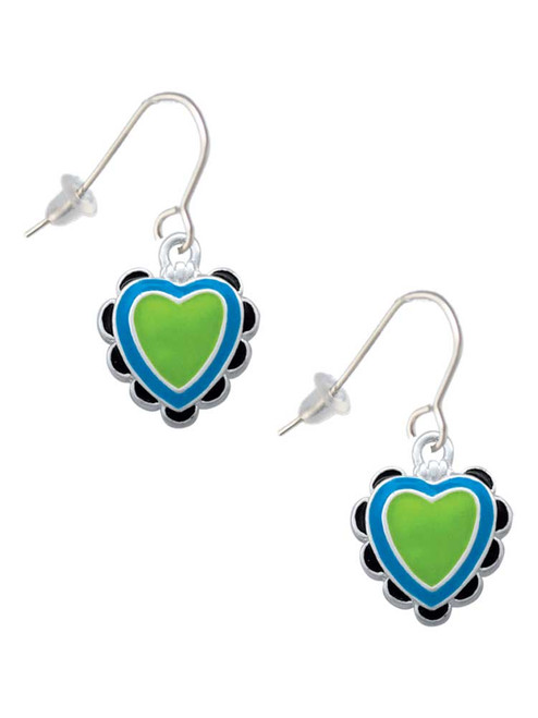 Lime Green & Hot Blue Heart with Black Ruffles French Earrings