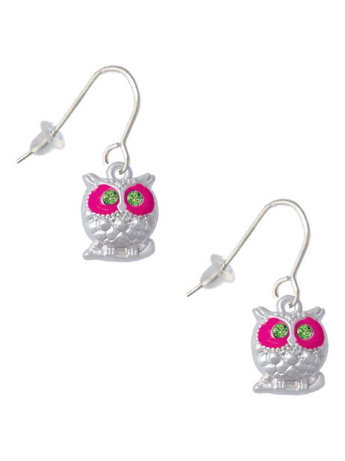 Owl with Hot Pink & Lime Green Crystal Eyes French Earrings