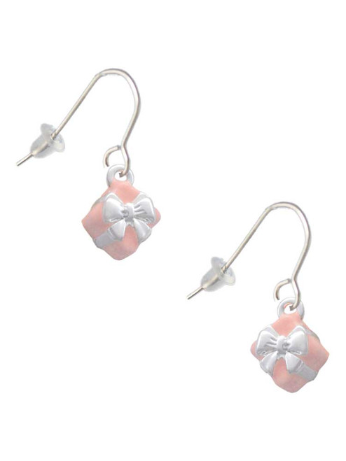 Small 3-D Pink Present Box with Bow French Earrings
