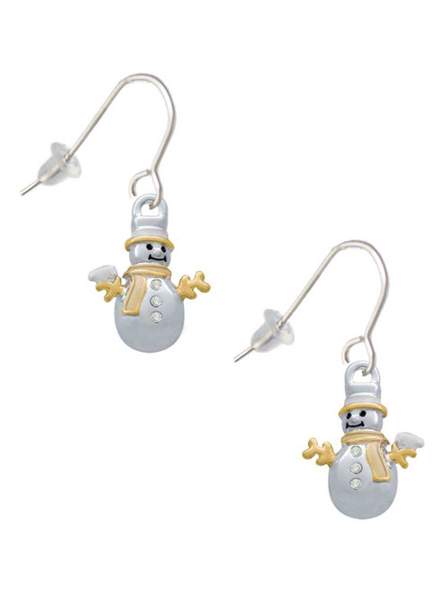 Snowman with Gold Tone Scarf and Crystal Buttons French Earrings