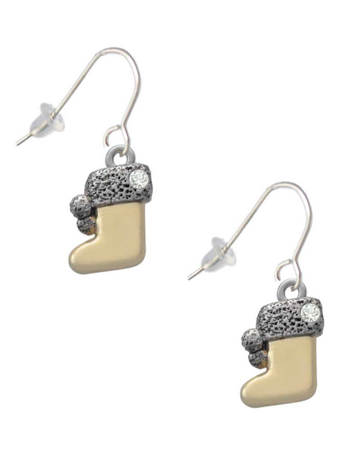 3-D Gold Tone Stocking with Fur and Clear Crystal French Earrings