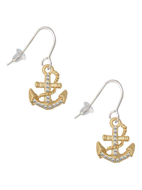 Gold Tone Clear Crystal Anchor French Earrings