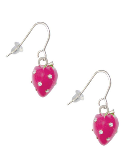 Large 3-D Hot Pink Strawberry with Crystals French Earrings