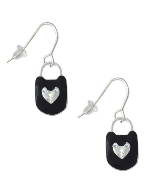 Black Enamel Lock with Clear Crystals French Earrings